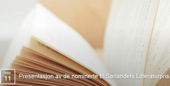 Bilde av oppslått bok, med tekst: Presentasjon av de nominerte til Sørlandets litteraturpris