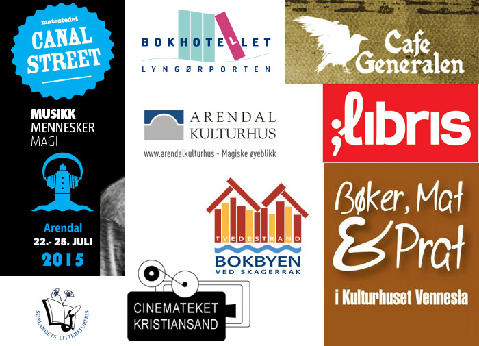 Sponsorlogoer til Canal Street, Bokhotellet, Cafe Generalen, Libris, Arendal Kulturhus, Cinemateket Kristiansand, Bokbyen ved Skagerak og Bøker, Mat og Prat