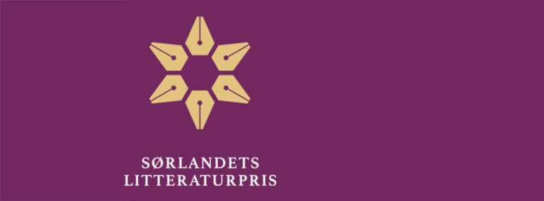 Logo Sørlandets litteraturpris. Lilla bakgrunn, gule pennehoder, hvit skrift