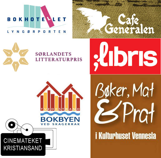 Sponsorlogoer; Bokhotellet Lyngørporten, Cafe Generalen, Sørlandets litteraturpris, Libris. Bøker, Mat @Prat, Bokbyen ved Skagerak, Cinemateket Kristiansand.