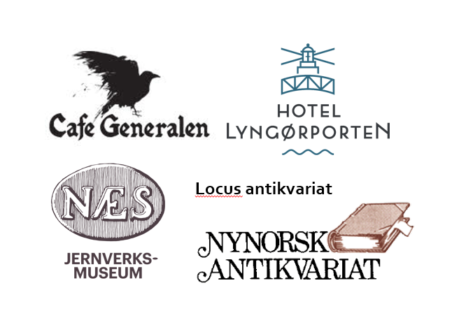 Logo til Cafe Generalen, Hotel Lyngørporten, Næs Jernverksmuseum, Locus antikvariat, Nynorsk antikvariat