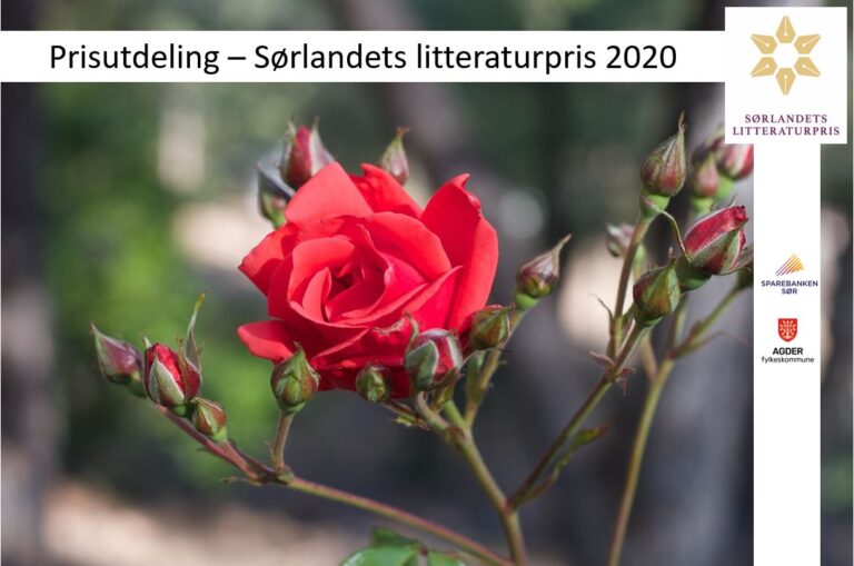 Bilde av en rose med tekst prisutdeling Sørlandets litteraturpris 2020, med logo, pennespisser i sirkel